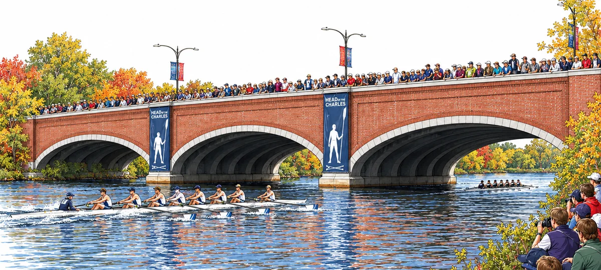 An eight coming through Eliot Bridge on race day, the crowd along the parapet